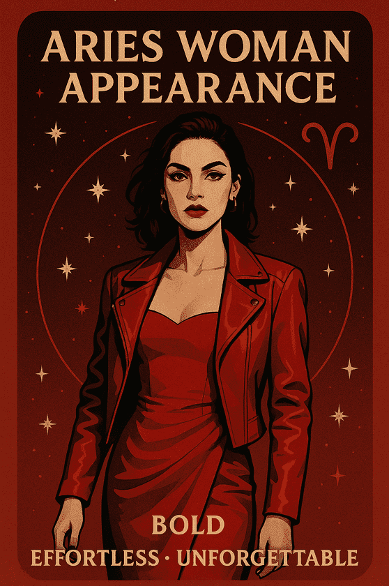 Aries woman appearance 2025 — confident, bold style with red outfit and zodiac background, symbolizing Aries traits of leadership and fire energy.