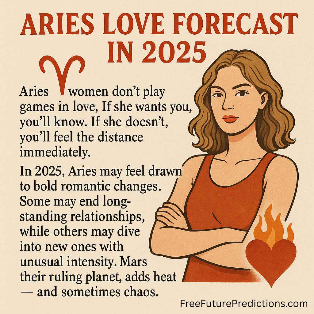 "Aries Love Forecast 2025 infographic featuring a confident woman with a fiery heart symbol, highlighting Aries traits in romantic relationships."