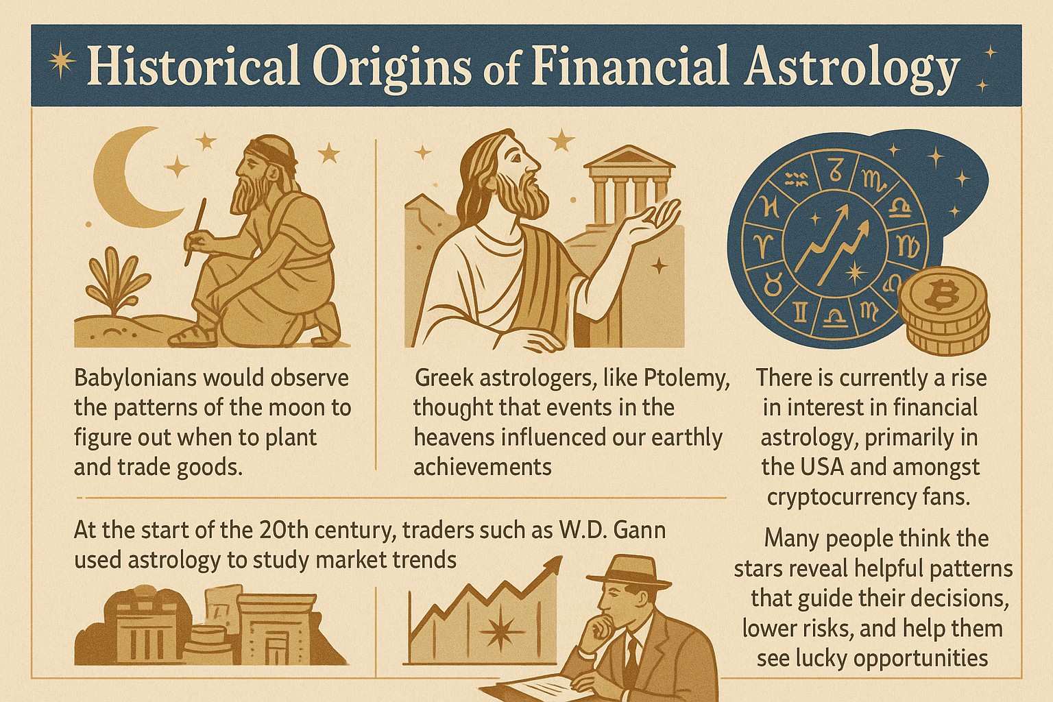 "Ancient and modern history of financial astrology illustrated with Babylonian, Greek, and modern stock market influences"