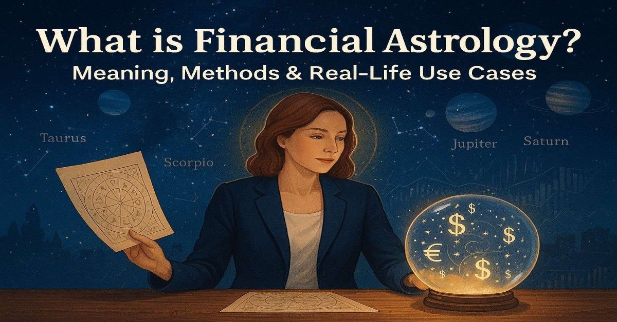 Realistic image of a professional white woman using financial astrology tools like a zodiac chart and crystal ball, surrounded by symbols of Venus, Jupiter, and Saturn with constellations in the background. Represents wealth planning using astrology.