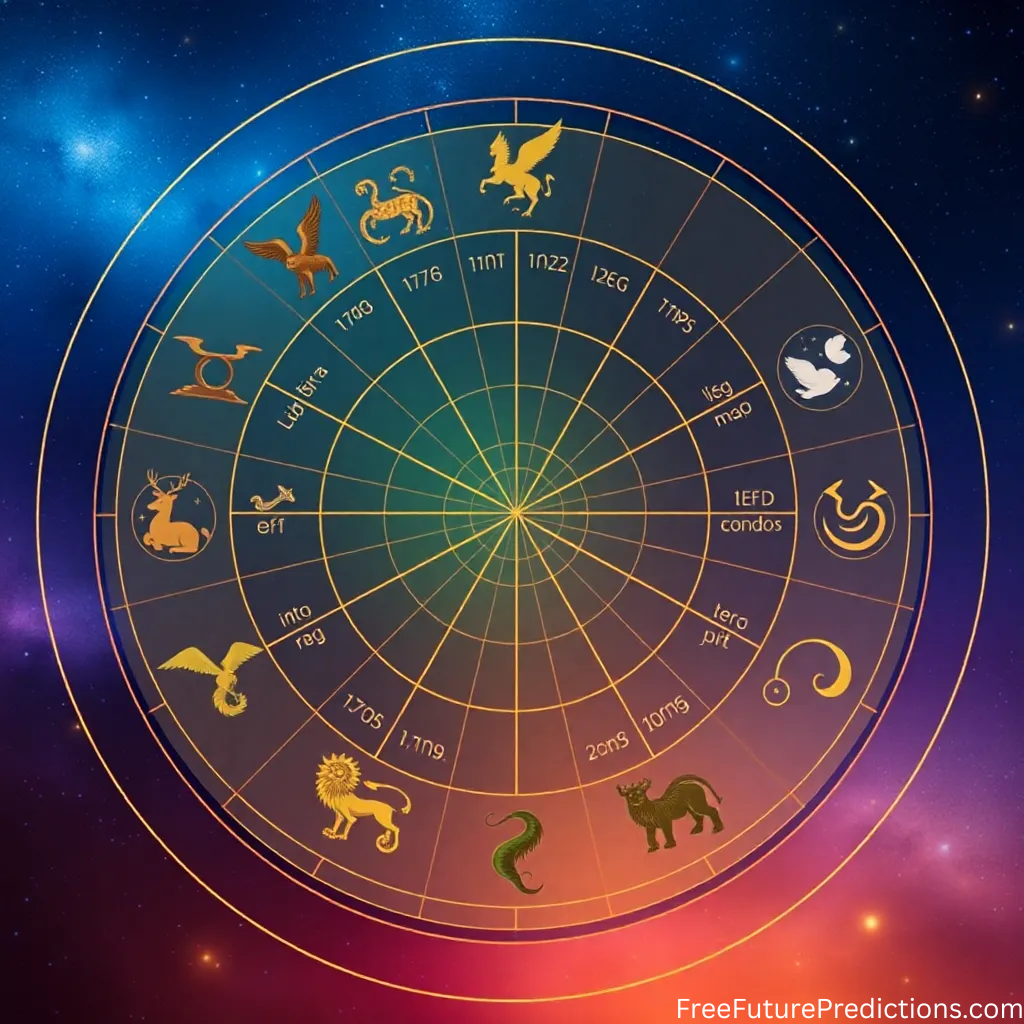 "Colorful astrology natal chart wheel showing zodiac signs for personality analysis in business compatibility โ FreeFuturePredictions.com"