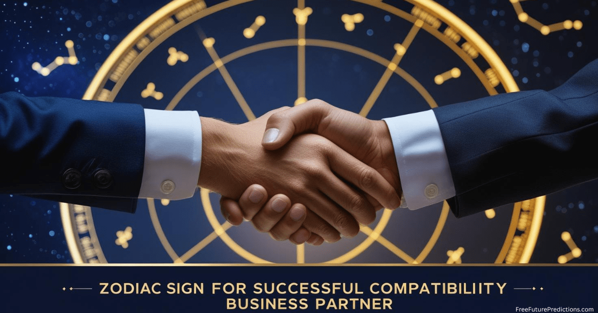 Handshake in front of cosmic zodiac chart background representing Zodiac Sign for Successful Compatibility Business Partner in astrology.