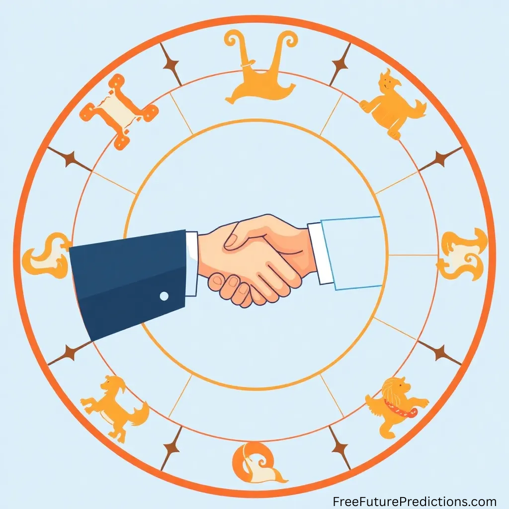 "Zodiac wheel with handshake symbolizing business partnership compatibility based on astrology โ FreeFuturePredictions.com"