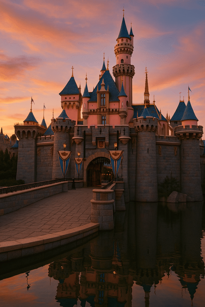 Sleeping Beauty Castle at Disneyland California glowing at sunset – magical evening view for your Disney trip