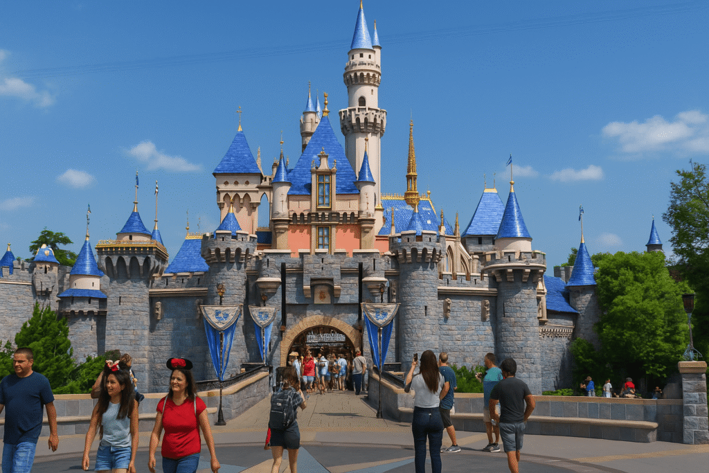 Sleeping Beauty Castle at Disneyland California with visitors enjoying a sunny day – Plan a Trip to Disneyland California