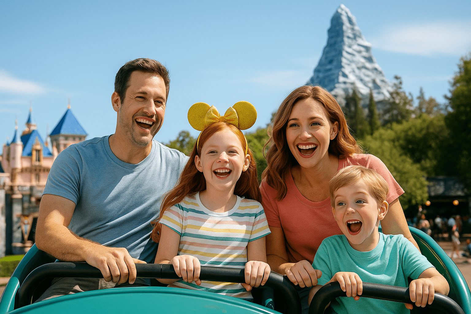 Family enjoying a Disneyland California ride in front of Sleeping Beauty Castle during their Anaheim vacation